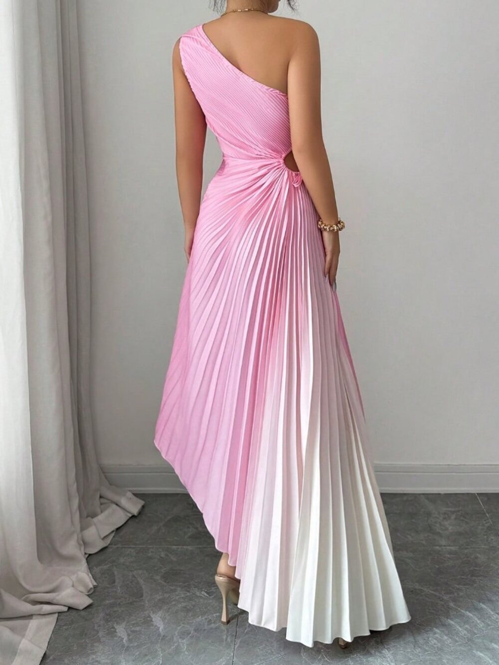 Pink Elegant Women's Sleeveless Asymmetric Neck Pleated Ombre Dress - Picture 2 of 3